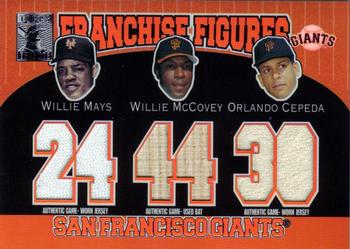 2001 Topps Tribute - Franchise Figures Relics #RM-MMC Willie Mays / Willie McCovey / Orlando Cepeda Front
