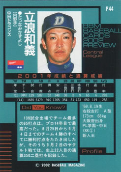2002 BBM Preview #P44 Kazuyoshi Tatsunami Back