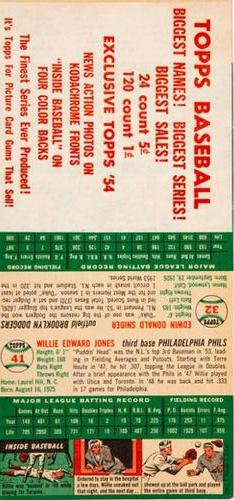 1954 Topps - Salesman Samples #32 / 41 Willie Jones / Duke Snider / Harvey Haddix Back