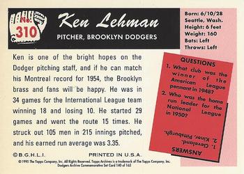1995 Topps Archives Brooklyn Dodgers #140 Ken Lehman Back