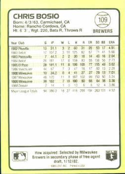 1989 Donruss Baseball's Best #109 Chris Bosio Back