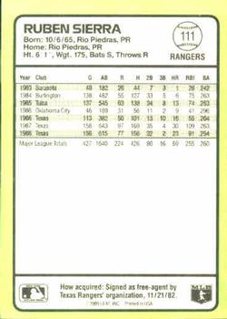 1989 Donruss Baseball's Best #111 Ruben Sierra Back