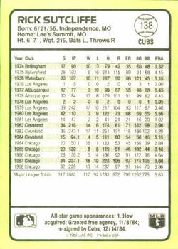 1989 Donruss Baseball's Best #138 Rick Sutcliffe Back