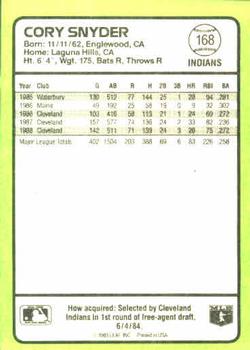 1989 Donruss Baseball's Best #168 Cory Snyder Back