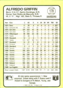 1989 Donruss Baseball's Best #178 Alfredo Griffin Back