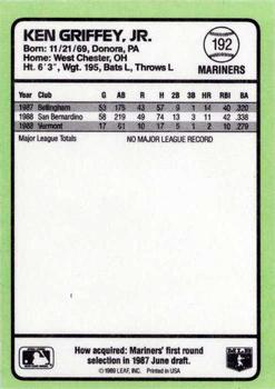 1989 Donruss Baseball's Best #192 Ken Griffey, Jr. Back
