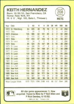 1989 Donruss Baseball's Best #208 Keith Hernandez Back