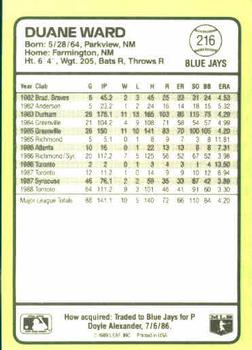1989 Donruss Baseball's Best #216 Duane Ward Back