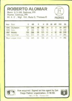 1989 Donruss Baseball's Best #21 Roberto Alomar Back