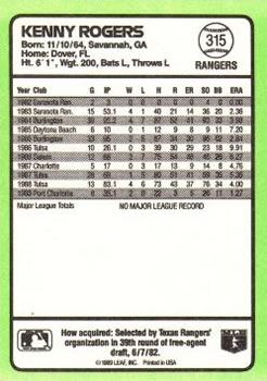 1989 Donruss Baseball's Best #315 Kenny Rogers Back