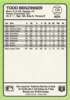 1989 Donruss Baseball's Best #174 Todd Benzinger Back