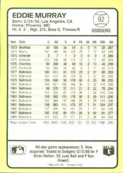 1989 Donruss Baseball's Best #92 Eddie Murray Back