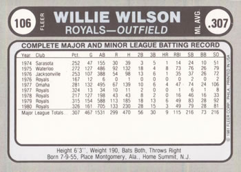 1981 Fleer Star Stickers #106 Willie Wilson Back