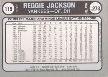 1981 Fleer Star Stickers #115 Reggie Jackson Back