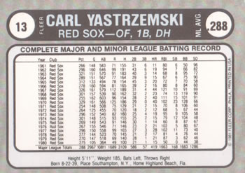 1981 Fleer Star Stickers #13 Carl Yastrzemski Back