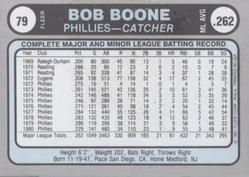1981 Fleer Star Stickers #79 Bob Boone Back