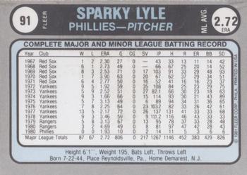 1981 Fleer Star Stickers #91 Sparky Lyle Back