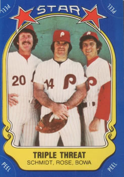 1981 Fleer Star Stickers #43 Triple Threat (Mike Schmidt / Pete Rose / Larry Bowa) Front