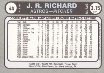 1981 Fleer Star Stickers #44 J.R. Richard Back