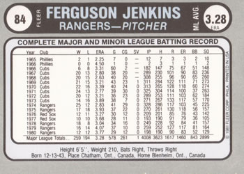 1981 Fleer Star Stickers #84 Fergie Jenkins Back