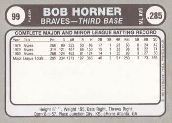 1981 Fleer Star Stickers #99 Bob Horner Back