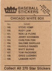 1983 Fleer Star Stickers #NNO Chicago White Sox Checklist Back