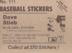 1983 Fleer Star Stickers #111 Dave Stieb Back