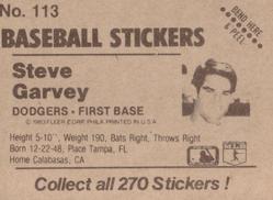 1983 Fleer Star Stickers #113 Steve Garvey Back
