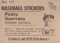 1983 Fleer Star Stickers #117 Pedro Guerrero Back