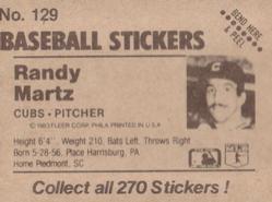 1983 Fleer Star Stickers #129 Randy Martz Back