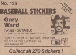 1983 Fleer Star Stickers #136 Gary Ward Back