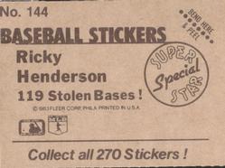 1983 Fleer Star Stickers #144 Rickey Henderson Back