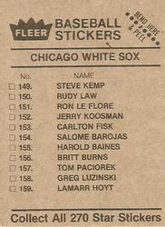 1983 Fleer Star Stickers #NNO Chicago Cubs Back