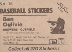 1983 Fleer Star Stickers #15 Ben Oglivie Back