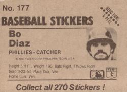 1983 Fleer Star Stickers #177 Bo Diaz Back