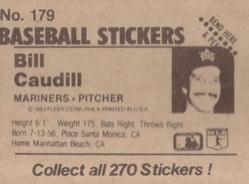 1983 Fleer Star Stickers #179 Bill Caudill Back