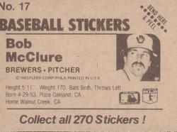 1983 Fleer Star Stickers #17 Bob McClure Back