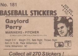 1983 Fleer Star Stickers #181 Gaylord Perry Back