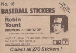 1983 Fleer Star Stickers #18 Robin Yount Back