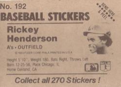 1983 Fleer Star Stickers #192 Rickey Henderson Back