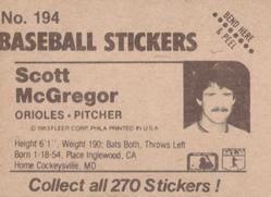 1983 Fleer Star Stickers #194 Scott McGregor Back