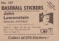 1983 Fleer Star Stickers #197 John Lowenstein Back