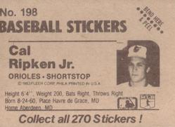 1983 Fleer Star Stickers #198 Cal Ripken, Jr. Back