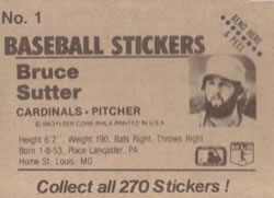 1983 Fleer Star Stickers #1 Bruce Sutter Back