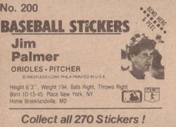 1983 Fleer Star Stickers #200 Jim Palmer Back