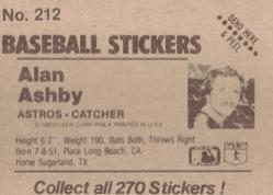 1983 Fleer Star Stickers #212 Alan Ashby Back