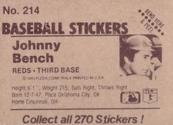 1983 Fleer Star Stickers #214 Johnny Bench Back