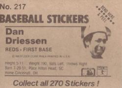 1983 Fleer Star Stickers #217 Dan Driessen Back