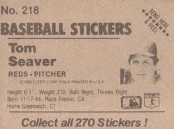 1983 Fleer Star Stickers #218 Tom Seaver Back