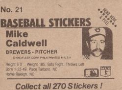 1983 Fleer Star Stickers #21 Mike Caldwell Back